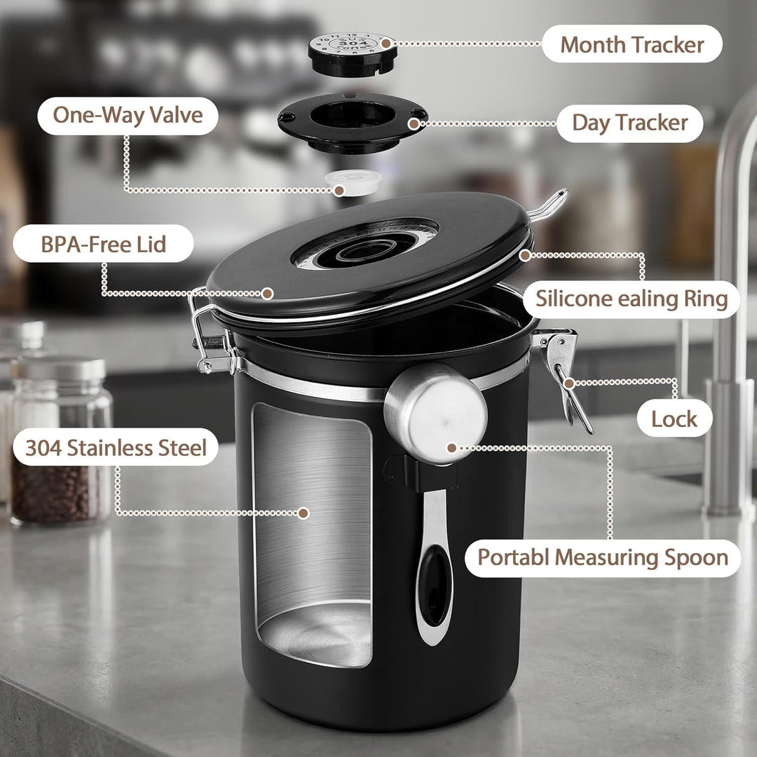 Kaffeedose Edelstahl, 2,8 L Kaffeebohnen Behälter aus Edelstahl, Luftdicht Vorratsdose mit Deckel, E