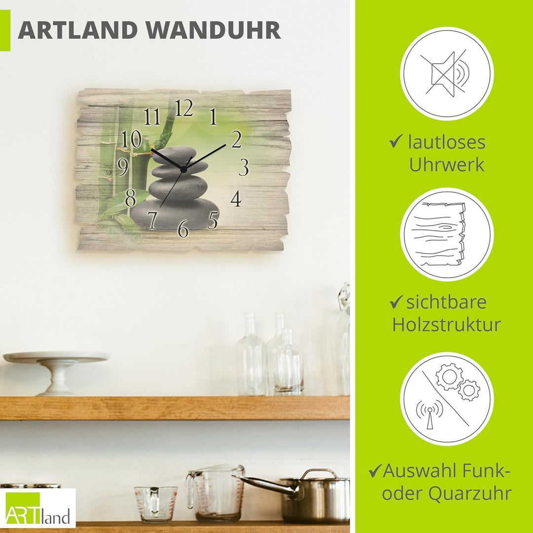 ARTLAND Wanduhr ohne Tickgeräusche aus Holz Quarzuhr 40x30 cm Rechteckig Lautlos Zen Spa Steine Bamb