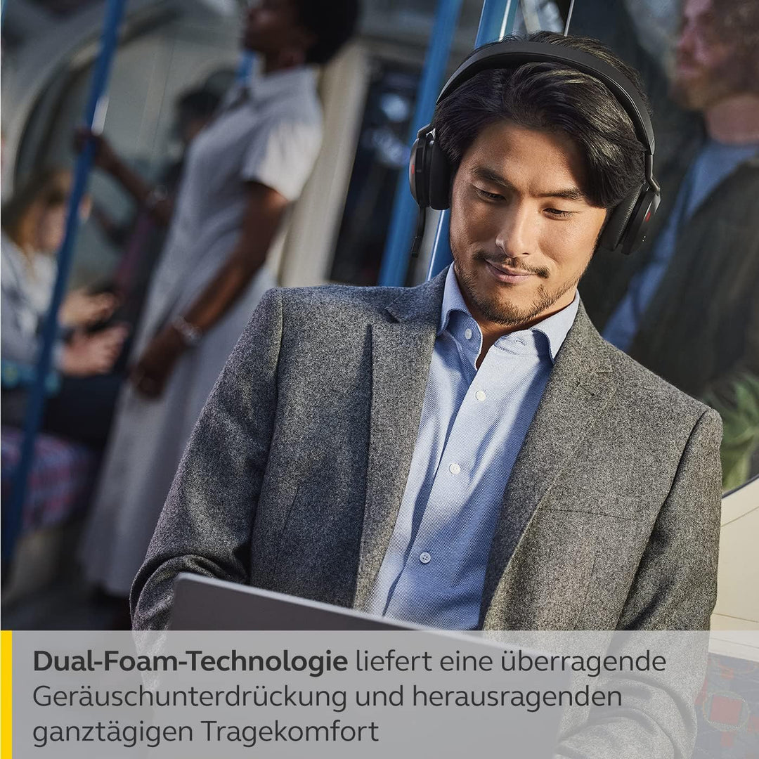 Jabra Evolve2 75 Wireless PC Headset mit Ladedock, 8-Mikro-Technologie - Dual-Foam-Stereo-Kopfhörer