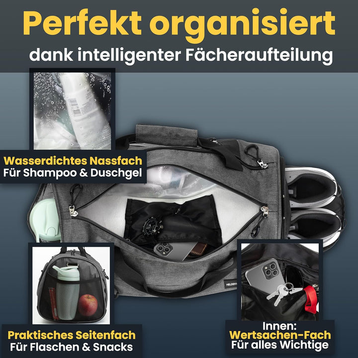 Heldenwerk® Sporttasche & Reisetasche für Damen und Herren klein I Trainingstasche mit Schuhfach und