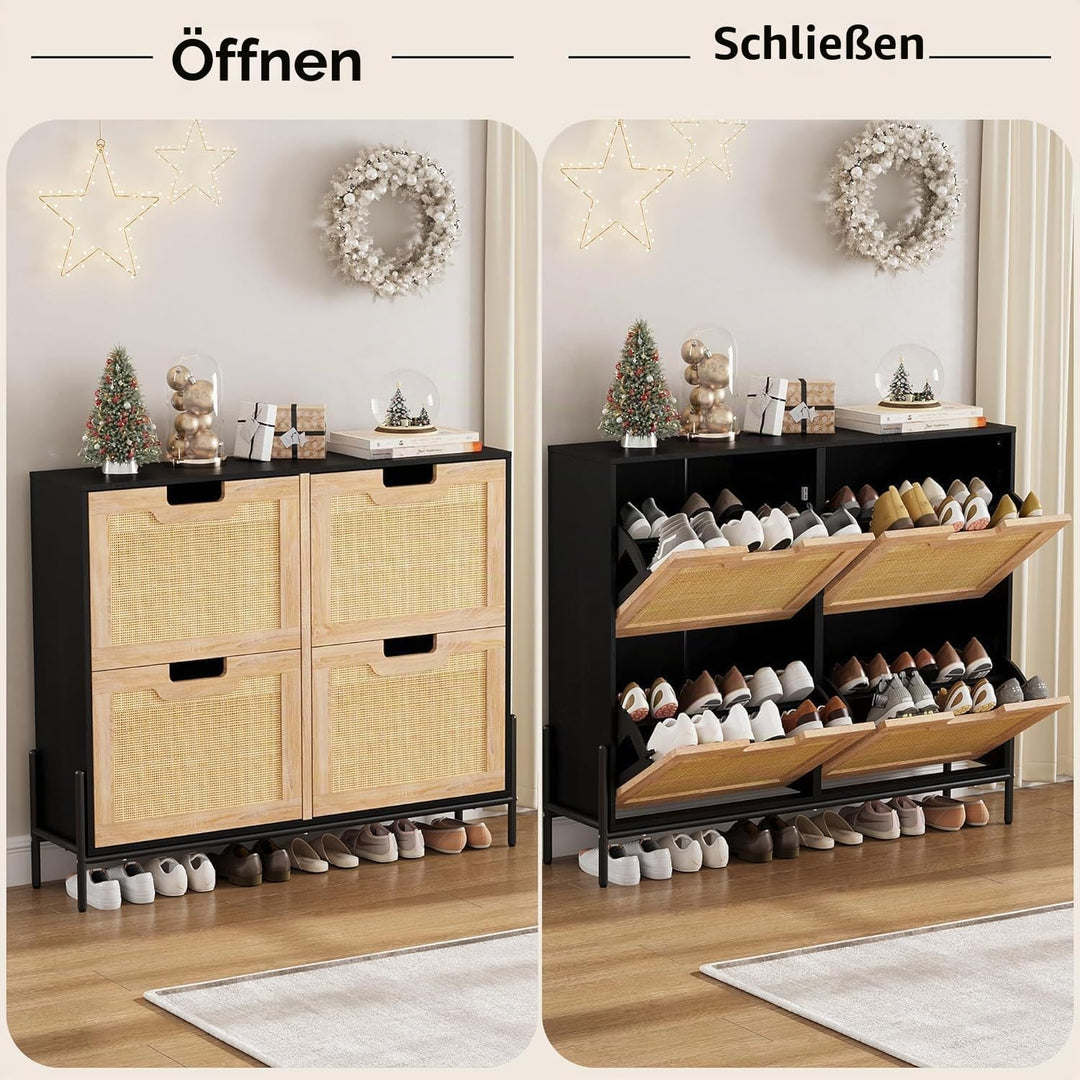 Litake Schuhkommode mit 4 Flip Schuhschrank mit 8 Einstellbar Ablageflächen-Natürliches Rattan Schuh