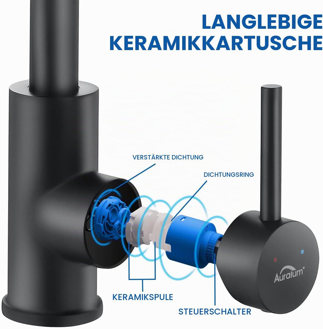 Auralum Waschtischarmatur Schwarz Matt, Armatur Waschbecken 360 Grad drehbar,Wasserhahn Bad mit 60CM