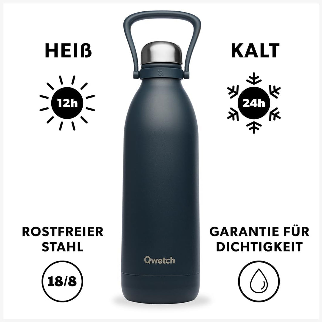 QWETCH - Isothermische Flasche - Titan Matt Carbon 1,5L - 48h kalt &amp; 16h heiss - BPA frei, wasserdic