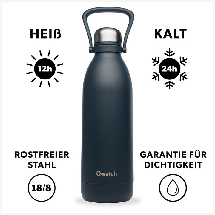 QWETCH - Isothermische Flasche - Titan Matt Carbon 1,5L - 48h kalt &amp; 16h heiss - BPA frei, wasserdic