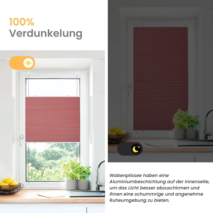 BelleMax Wabenplissee ohne Bohren Verdunkelung Thermo Plissee Klemmfix, Weinrot-weiss 40x110cm(BxH),