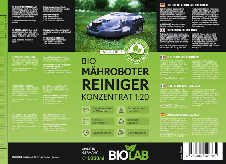BIOLAB Bio Mähroboter Reiniger (1000 ml Konzentrat) zur Rasenmäher Roboter Reinigung, passend für Ga