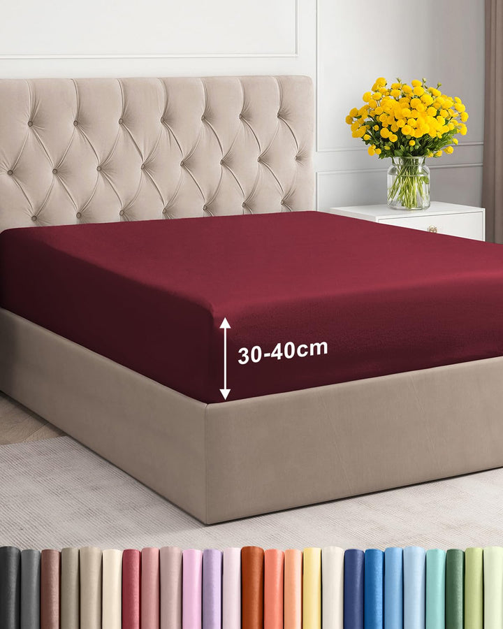 Spannbettlaken 90x190 Weinrot 40 cm Steghöhe - Luxuriöses Spannbetttuch für Einzelbett - Passt auf M