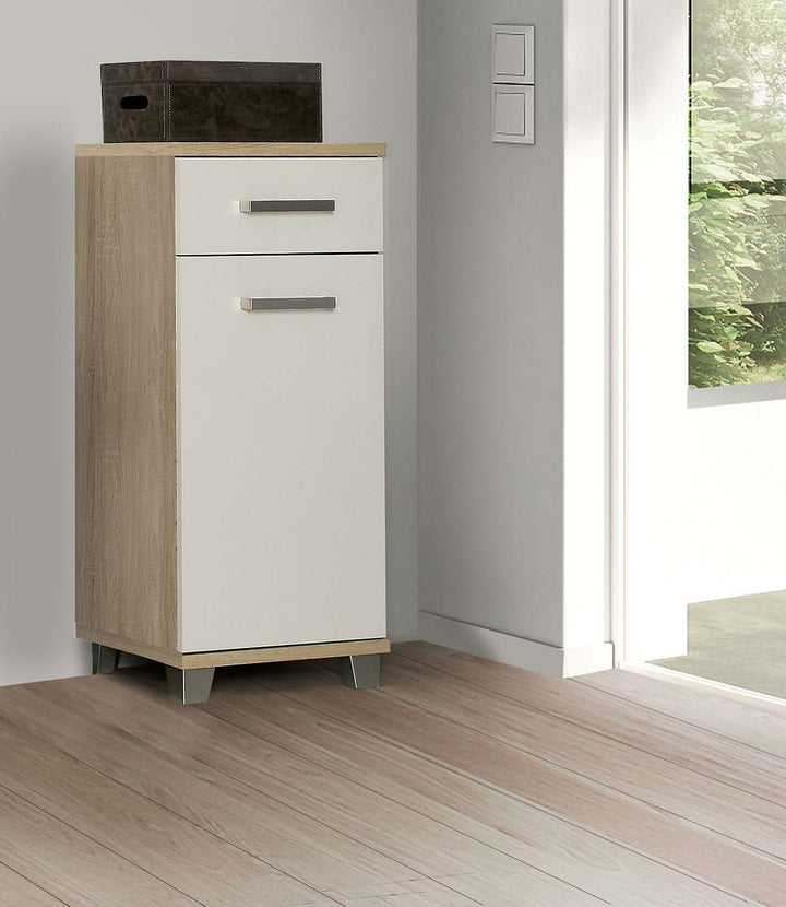 FORTE Veris Kommode mit 1 Tür und 1 Schublade, Holzwerkstoff, Sonoma Eiche / Weiss Hochglanz, 16,1 x