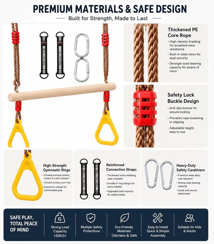 Morwealth Multifunktions Kinderholz Trapeze Schaukel mit Kunststoffringen Turnringe Ringe zum Aufhän