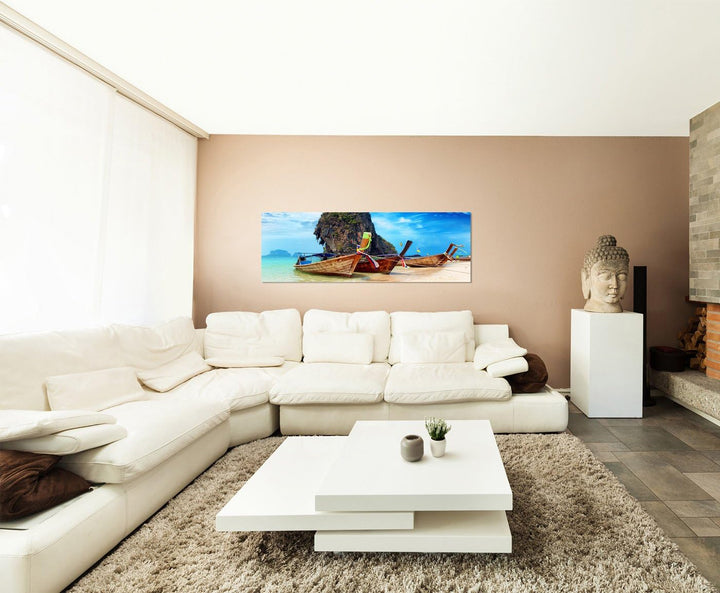 Wandbild auf Leinwand als Panorama in 150x50cm Thailand Strand Meer Felsen Boote Himmel