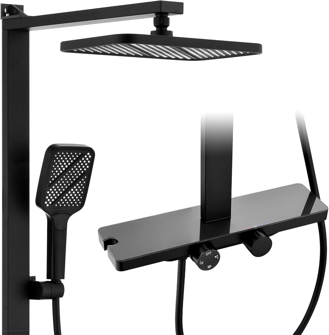 HOMELODY Duschsystem mit Thermostat und Glasablage Schwarz - Duscharmatur Komplettset mit 30x20 cm R