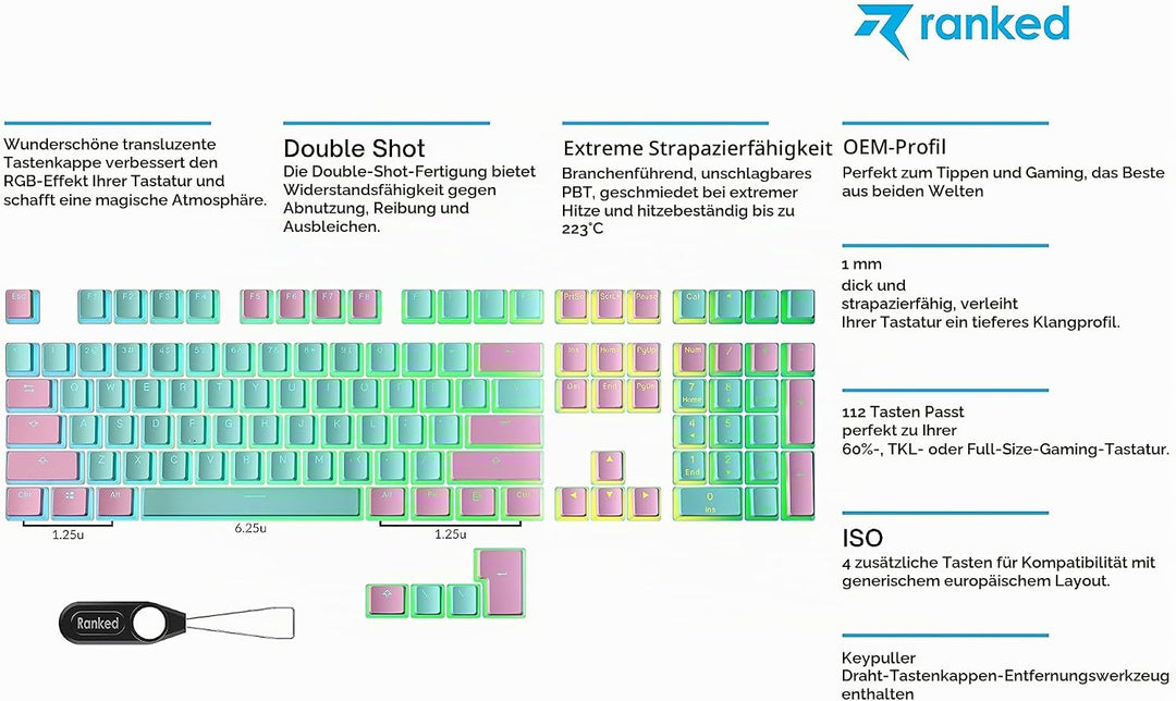 Ranked Pudding PBT-Tastenkappen | 112 Double Shot Transluzent ANSI US- und ISO-Layout | OEM-Profil f