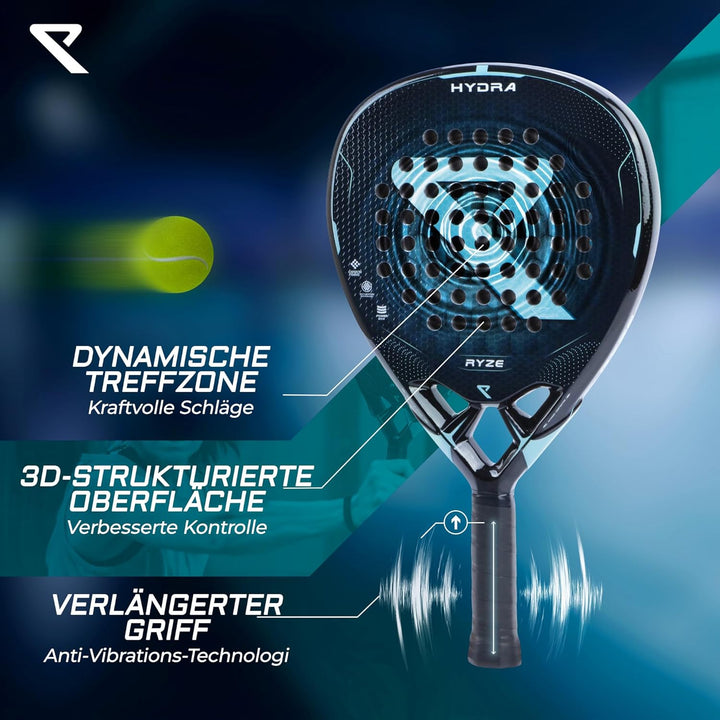 RYZE Hydra Padel Schläger aus 100% Kohlefaser - Maximale Power, Kontrolle & Präzision - 365g mit EVA