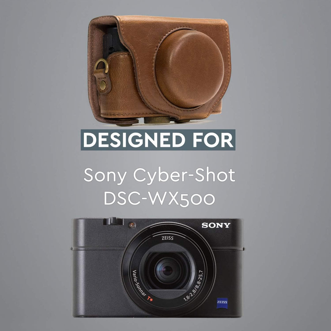 MegaGear Leder Kameratasche für Sony Cyber-shot DSC-WX500 Kompakte Systemkamera Dunkelbraun, Dunkelb