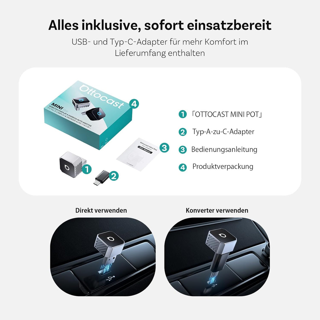 OTTOCAST Mini Pot 2026 Upgraded, 2-in-1 CarPlay & Android Auto Wireless Adapter für iOS 10+/Android