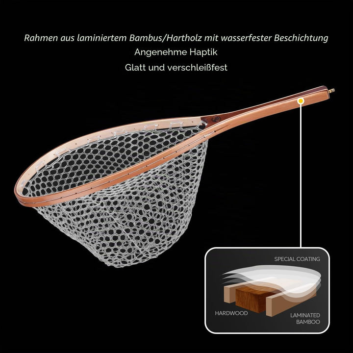 SF Fliegenfischen Kescher Holzrahmen Weiches Gumminetz Forellennetz Fangen und Freigabe Fischernetz