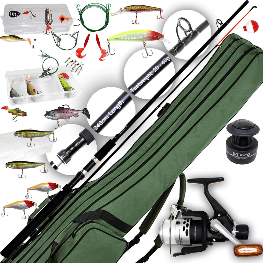 ANGELSET BARSCH Komplett Set | Spinn-Rute 2,4m + Rolle + Rutentasche 155cm + 3 x Köderbox mit Wobble