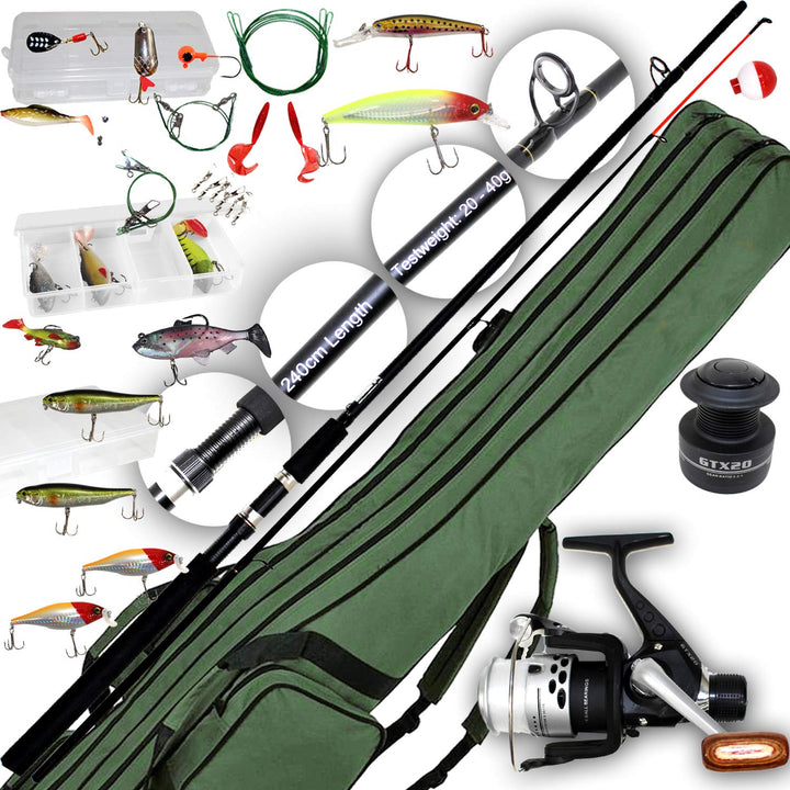 ANGELSET BARSCH Komplett Set | Spinn-Rute 2,4m + Rolle + Rutentasche 155cm + 3 x Köderbox mit Wobble