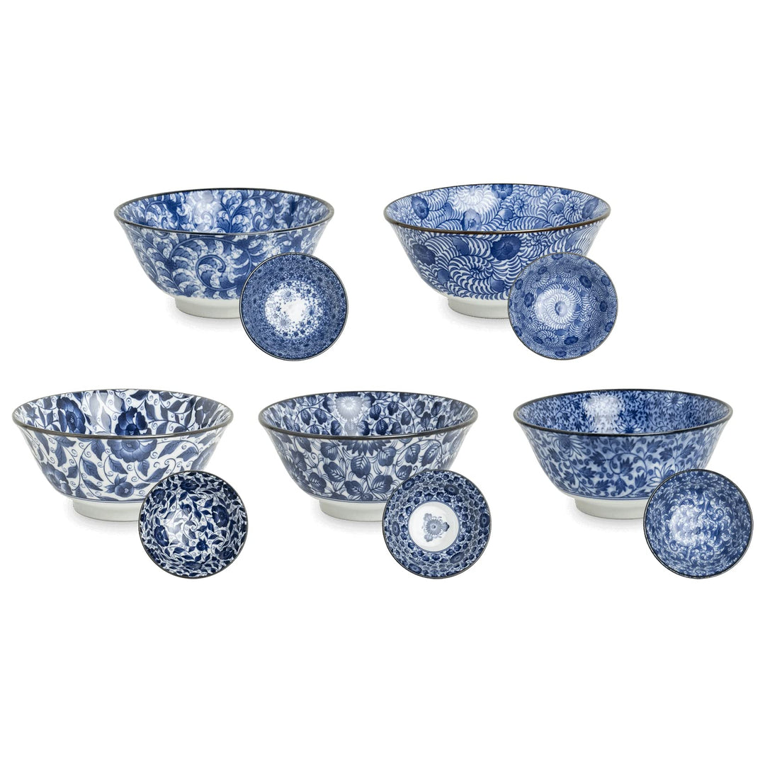 Matcha - Reisschalen 5-er Set Japan Porzellan blau weiss Blumen, Nr. 070