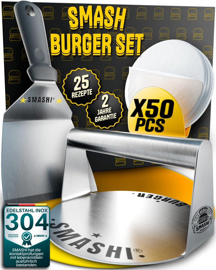SMASHI® Smash Burger Set aus Edelstahl 304 – Professionelles Set mit Antihaft-Presse, Grillspachtel