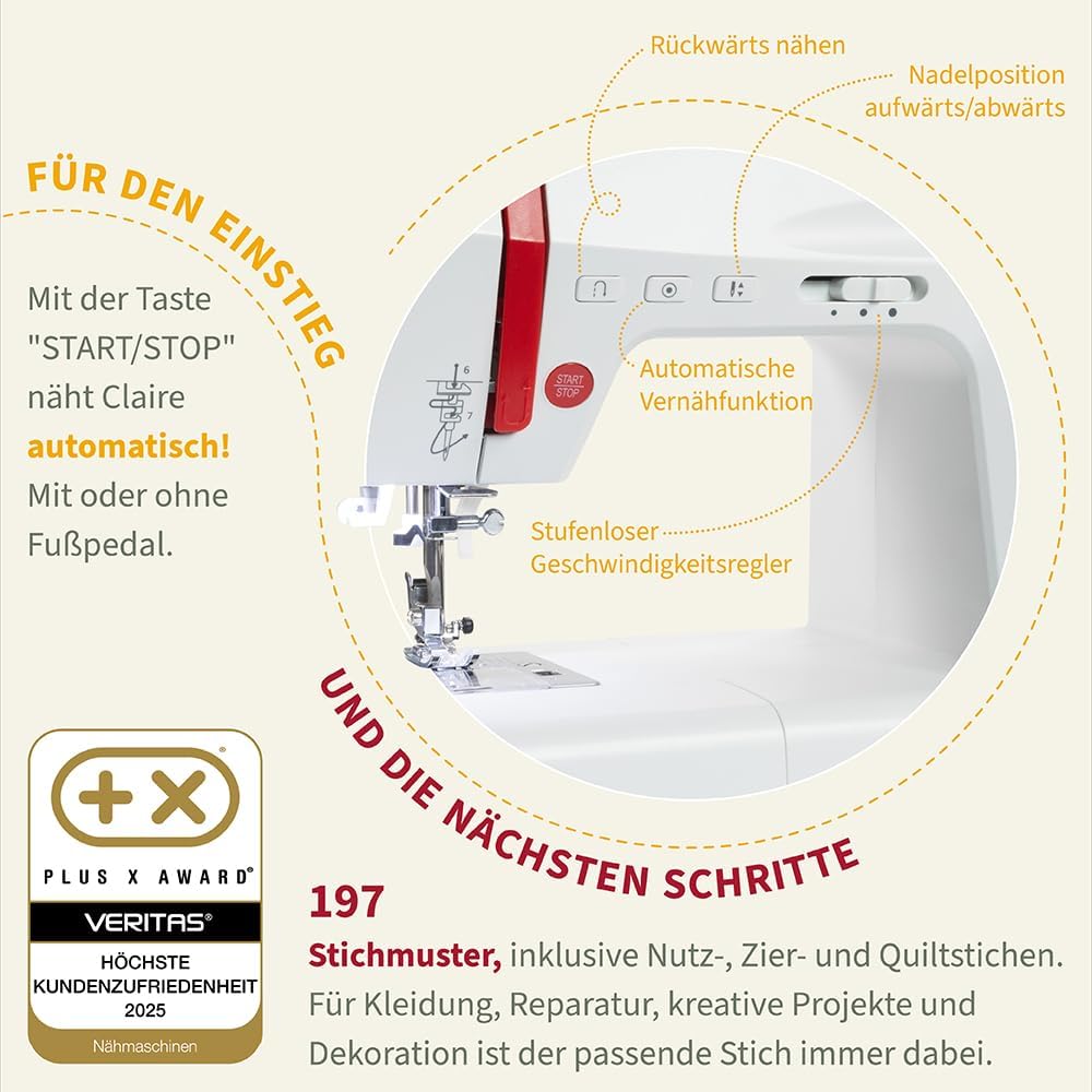 VERITAS Nähmaschine Claire I Computer-Nähmaschine Freiarm I 197 Stiche mit Speicherfunktion I Fusspe