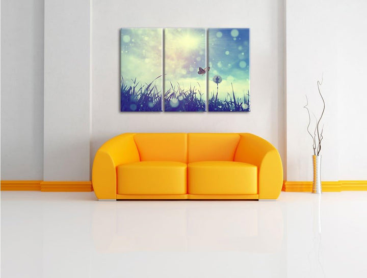 Pixxprint Schmetterling fliegt zu Pusteblume / 3-Teilig/Gesamtmass 120cm Leinwandbild bespannt auf H