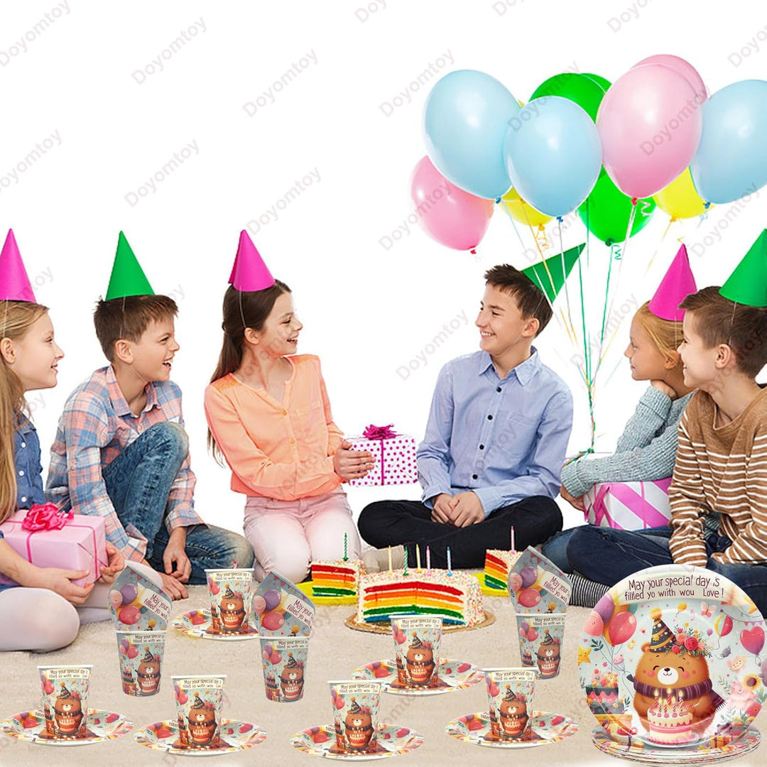 Doyomtoy Bär Dekorationen Geschirr,60 Stück Plüschbär Partygeschirr Pappteller,Servietten,Tassen Bab