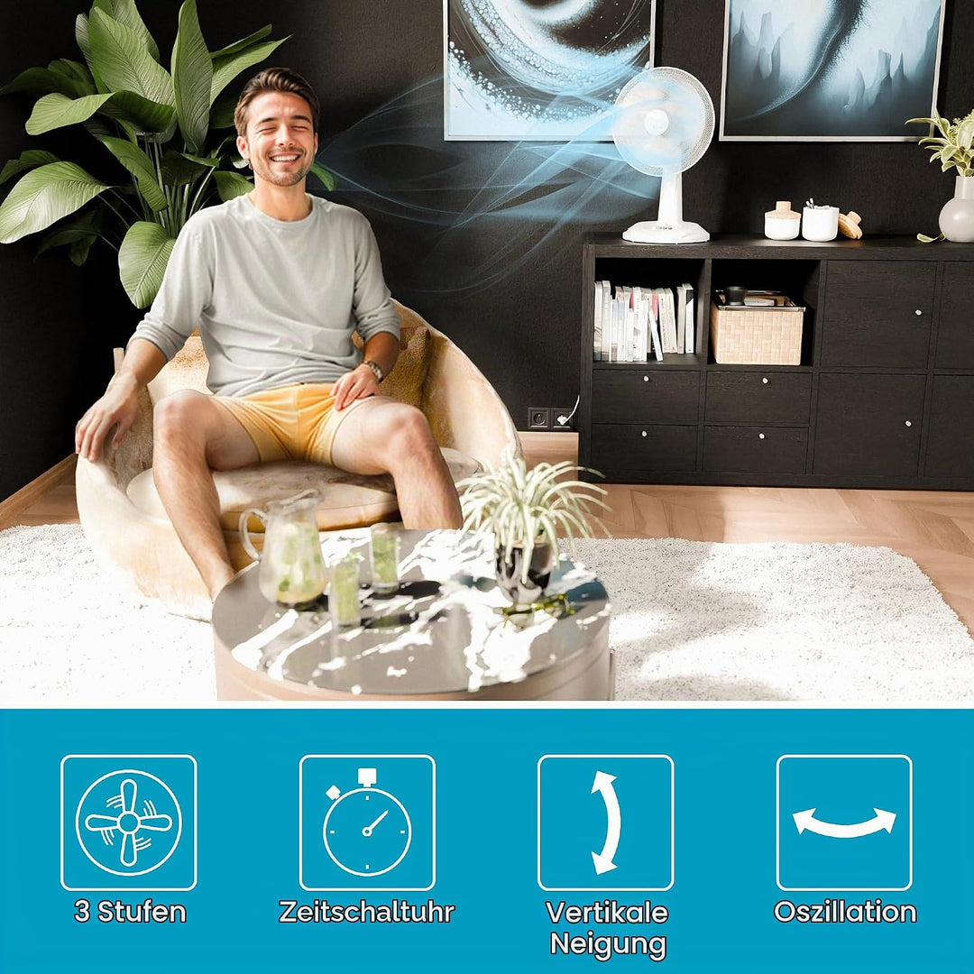 SUNTEC Tischventilator Timer CoolBreeze 3000 TV - Leise 30 cm, 40 Watt | Tisch Ventilator 3 Stufen,