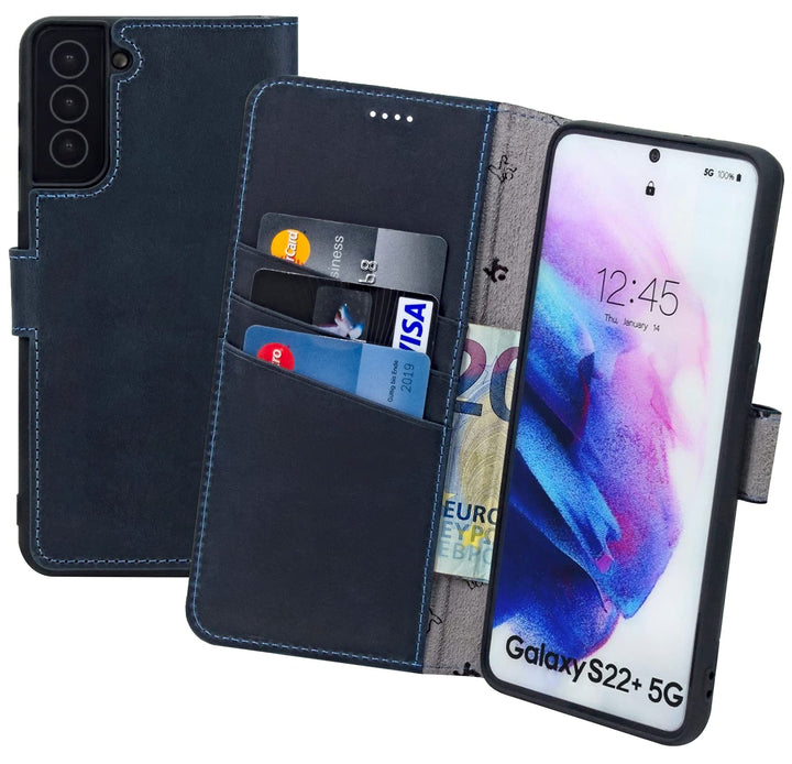 Suncase Book-Style Hülle kompatibel mit Samsung Galaxy S22 Plus 5G Leder Tasche (Slim-Fit) Lederhüll