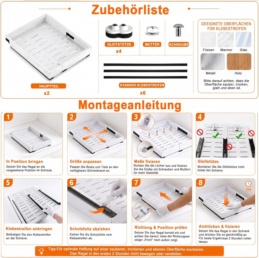 PNNP Teleskopschublade Ausziehbar Küche Schublade: Breite Verstellbar 32-53 cm Mit Selbstklebende Au