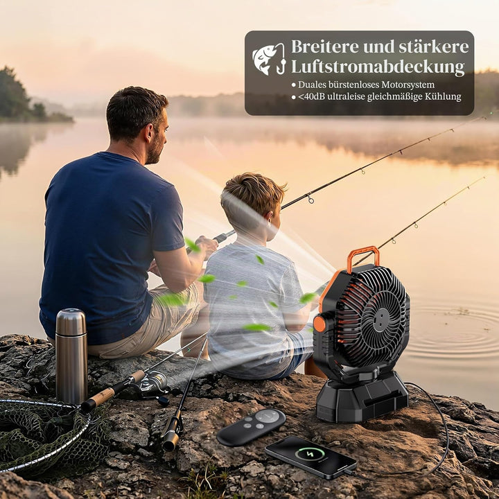 VTHW Camping Ventilator, 20000mAh Wiederaufladbarer Ventilator mit LED Licht & Haken, 270° Drehung,