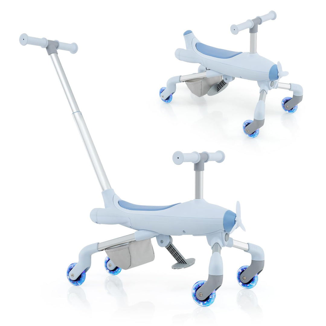 GOPLUS 2 in 1 Schiebeauto & Rutschauto, Dreirad mit verstellbarem Schiebegriff, LED Rädern & Korb hi