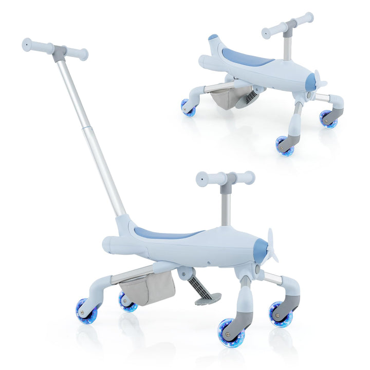 GOPLUS 2 in 1 Schiebeauto & Rutschauto, Dreirad mit verstellbarem Schiebegriff, LED Rädern & Korb hi