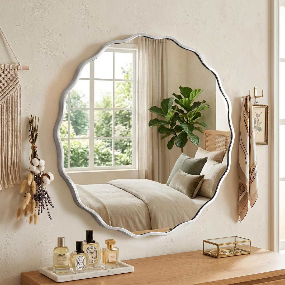 Wavy Runder Wandspiegel mit gebürstetem Aluminiumrahmen &amp; gehärtetem Sicherheitsglas für Badezimmer,
