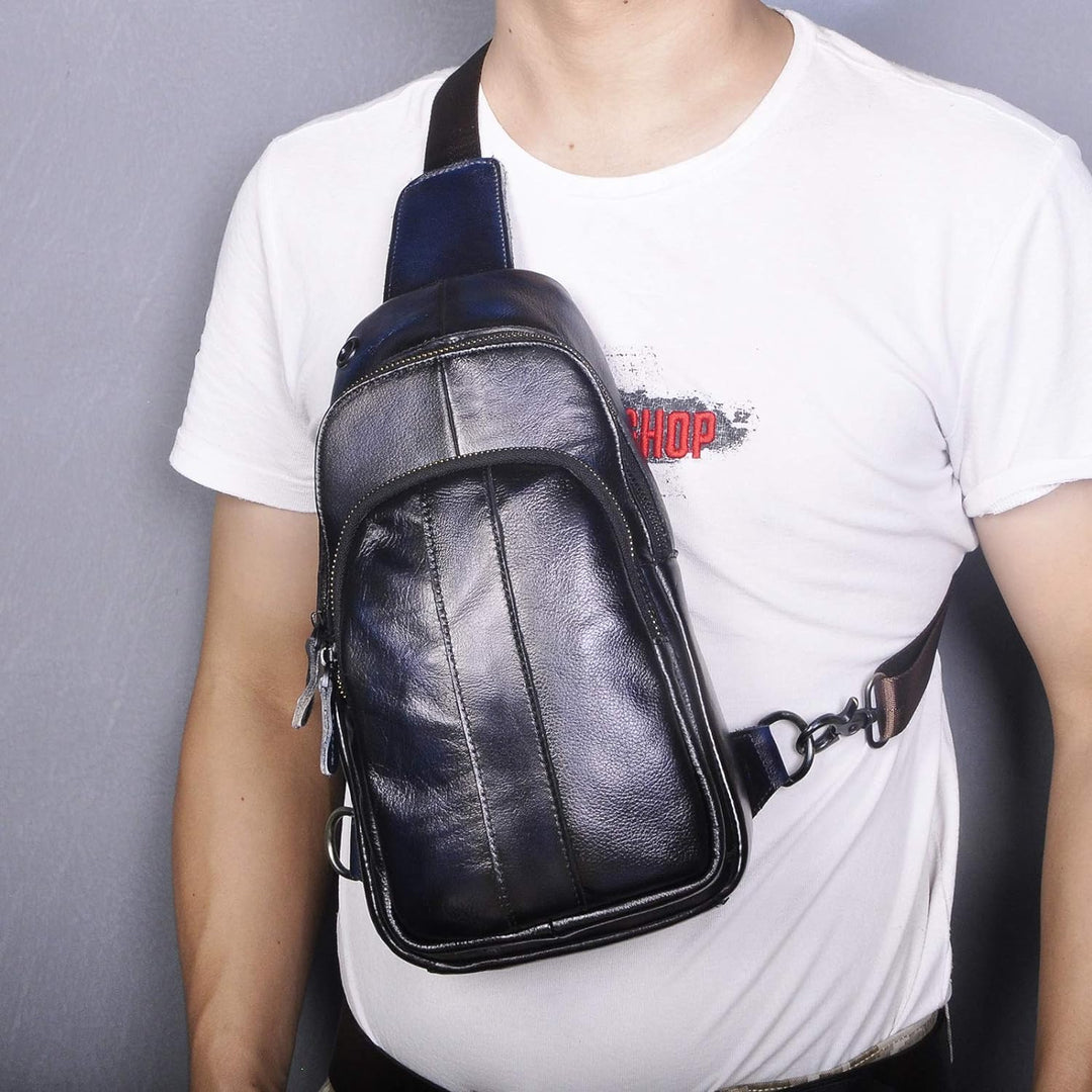 Le'aokuu Herren Echtes Leder Brusttasche Crossbody Bag Sling Bag Schultertasche Gurteltasche Umhänge