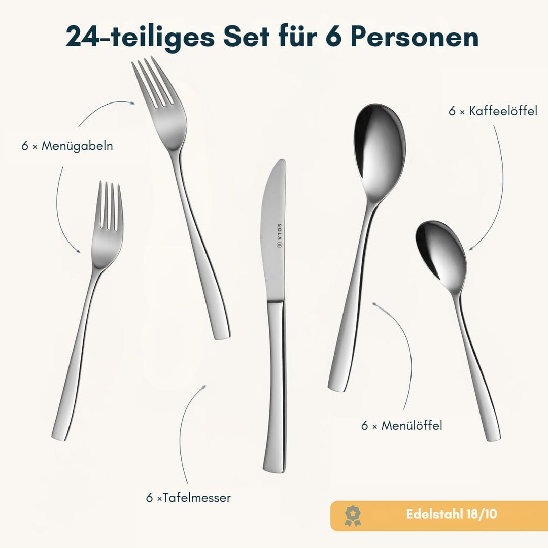 Sola Lotus Besteck Set - 6 Personen Essbesteck - 24 Teilig, 18/10 Rostfreiem Stahl - Robustes & Eleg