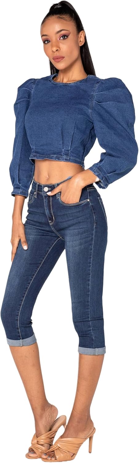 Nina Carter P132 Damen Capri Skinny Fit Jeanshosen HIGH Waist Jeans Used-Look Waschungseffekt M Dunk