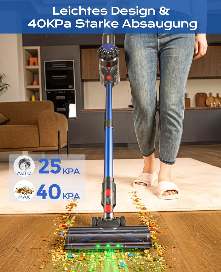 Akku Staubsauger Kabellos 50Mins/40KPA/450W, Akkustaubsauger mit Geen LED, Kabelloser Staubsauger mi