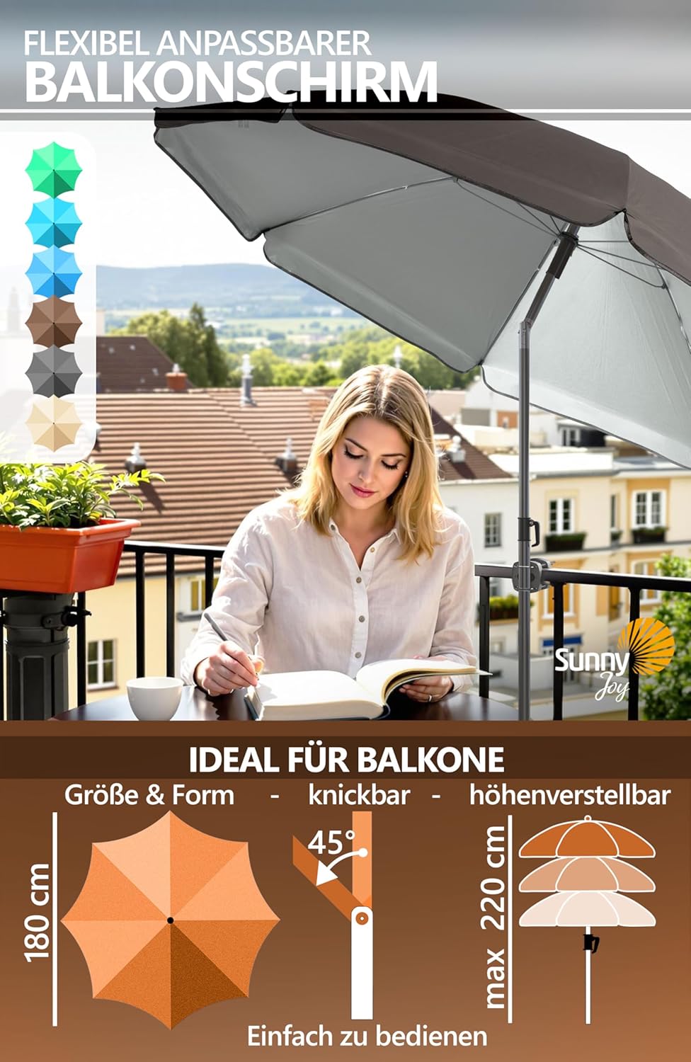 4smile Sonnenschirm Balkon SunnyJoy im 3er-Set - UPF 50+ Balkon Schirm 160 cm + Sonnenschirmhalter B