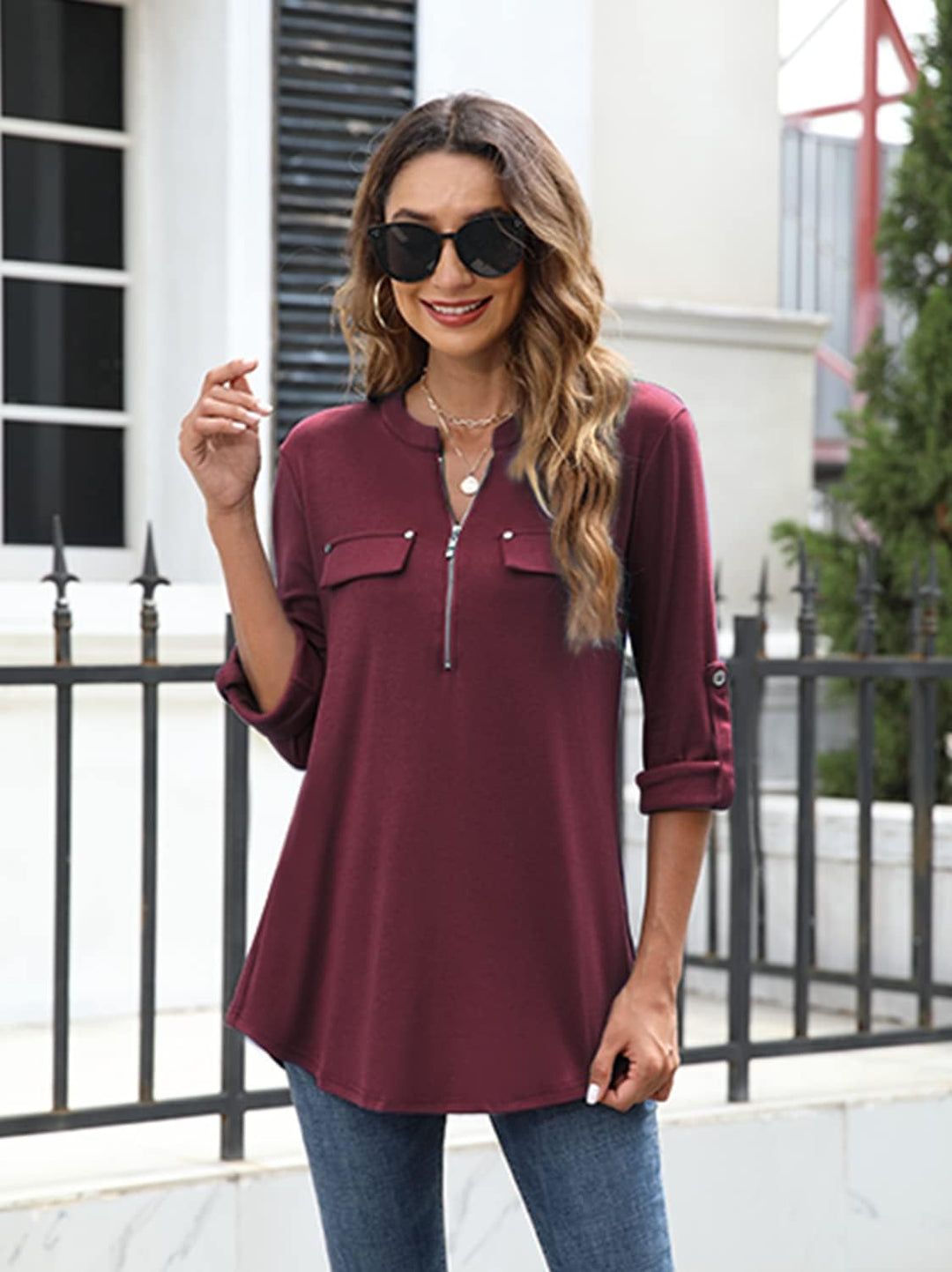 Siddhe Damen V-Ausschnitt Bluse 3/4 Ärmel Tunika Reissverschluss Langshirt Langarm Hemd Tops T-Shirt