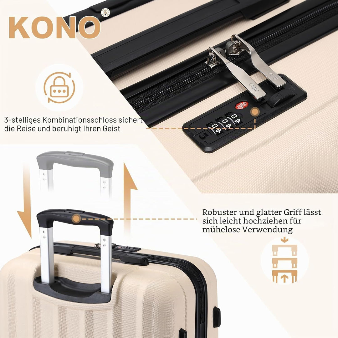 KONO Koffer Trolley Mittelgross Hartschale ABS Reisekoffer Rollkoffer Suitcase (Beige, L) Beige L, B