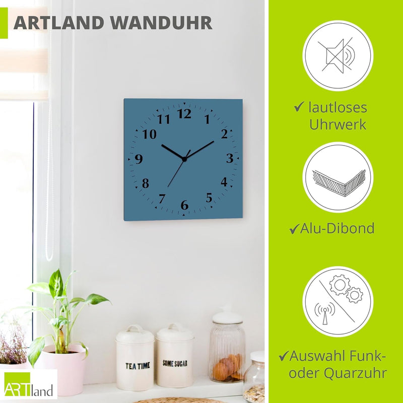 ARTLAND Wanduhr ohne Tickgeräusche Alu Funkuhr 30x30 cm Quadratisch Lautlos 12 Ziffern Farbig Schlic