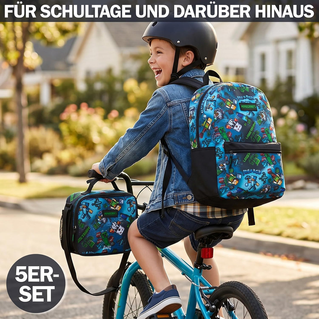 Get Trend Minecraft Rucksack Kinder 5er Set, Kinderrucksack mit Federmäppchen, Isolierte Lunchtasche