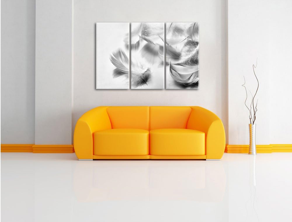Pixxprint Weisse Feder auf schwarzem Stein als Leinwandbild/Grösse: 3 Teilig (120x80) cm/Wandbild/Ku
