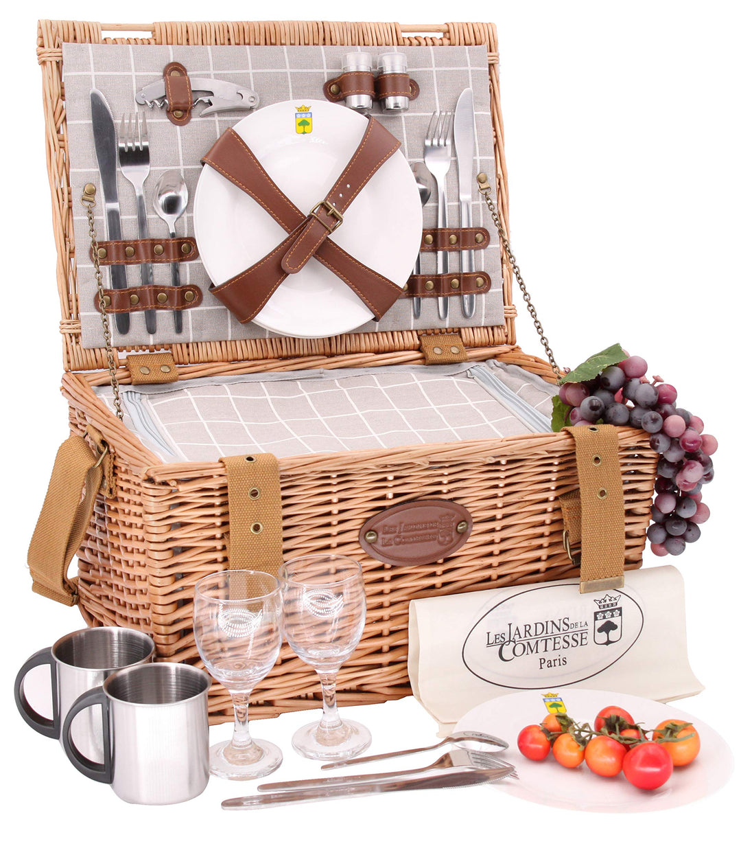 Les Jardins de la Comtesse - Picknickkorb aus Weidengeflecht Concorde - für 2 Personen, Kühlbox, Tel