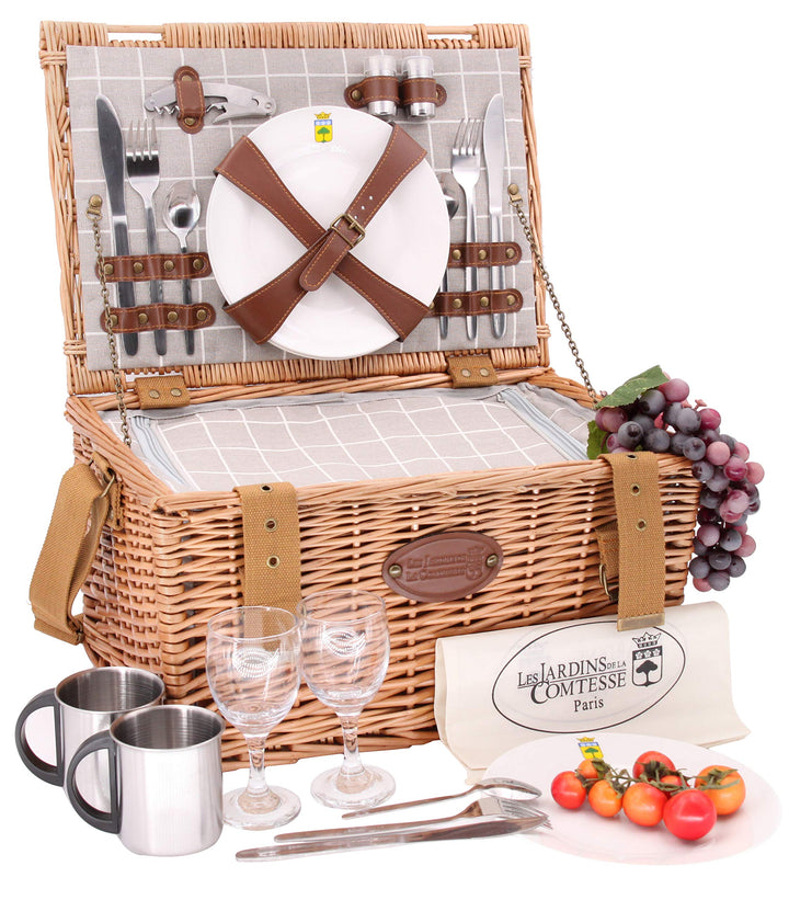 Les Jardins de la Comtesse - Picknickkorb aus Weidengeflecht Concorde - für 2 Personen, Kühlbox, Tel