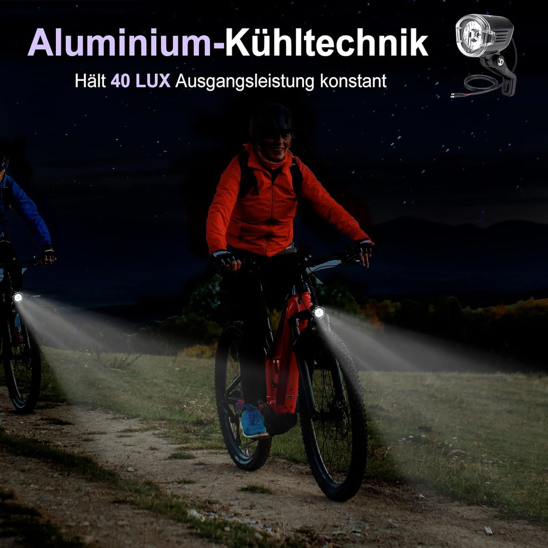 Fahrrad Frontlicht LED 30-100 Lux, Alu-Kühlkörper, 6-58V E-Bike/Fahrrad, IPX4/5, StVZO E-Bike 40lux,