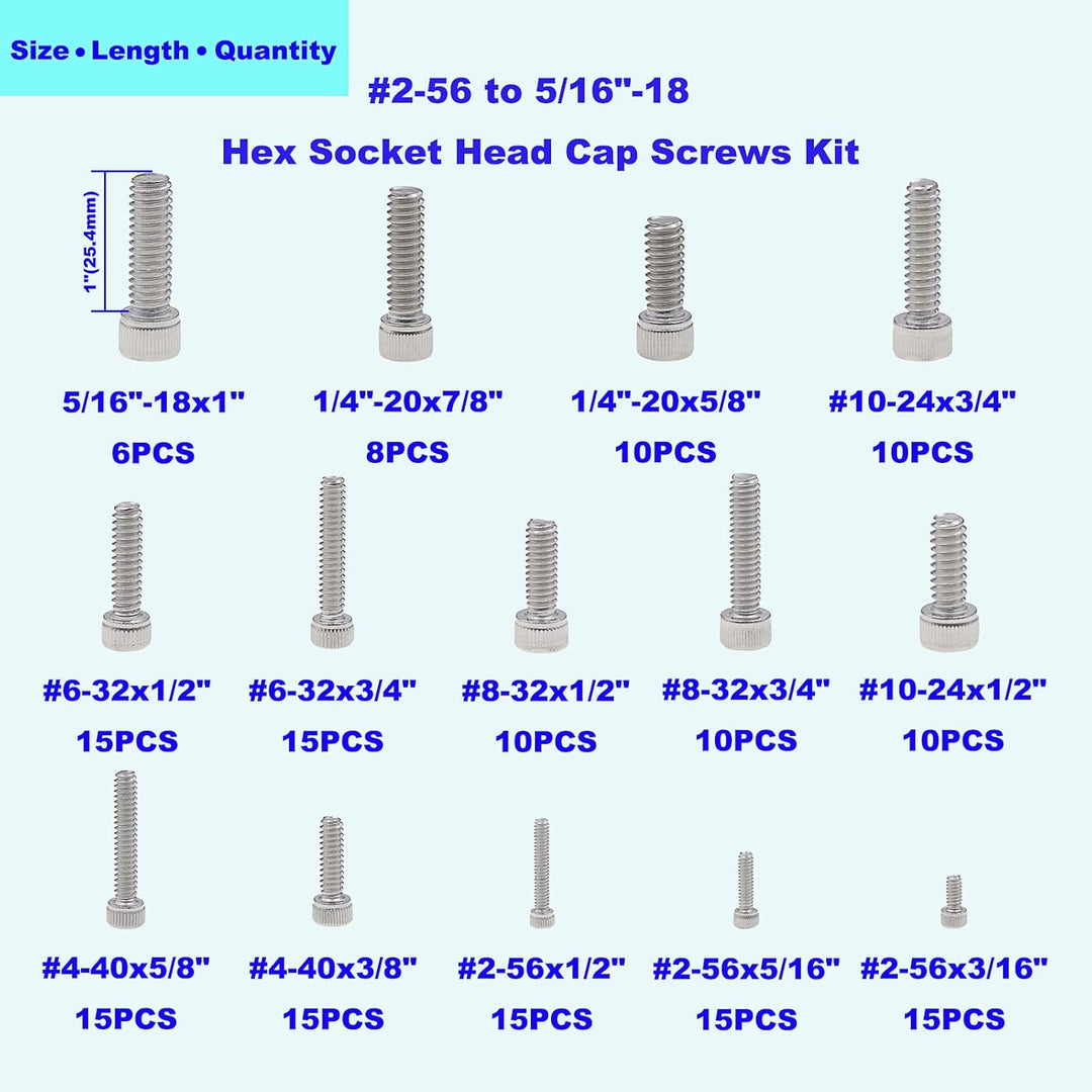 HVAZI #2-56 bis 5/16 Zoll 18 UNC Edelstahl Innensechskantschrauben Sortiment Kit
