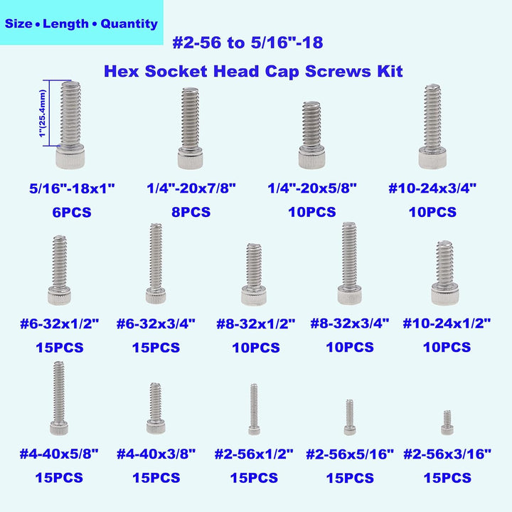 HVAZI #2-56 bis 5/16 Zoll 18 UNC Edelstahl Innensechskantschrauben Sortiment Kit