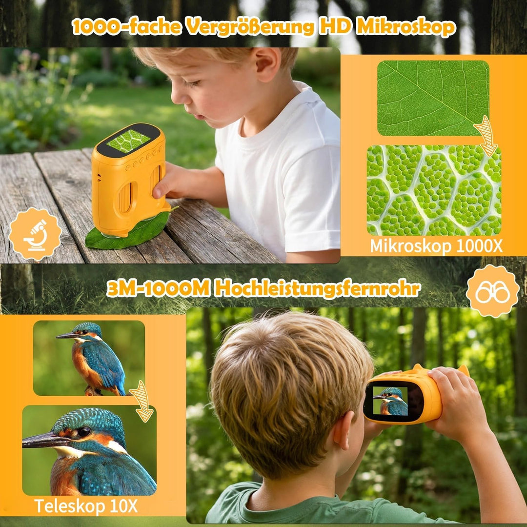 2 in 1 Digitales Kindermikroskop und Fernglas Kinder, 2,0" IPS HD Taschenmikroskop, 10x Vergrösserun